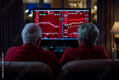 Elderly couple watching stock market crash on TV, financial loss, red market trend, economic downturn, investment decline.