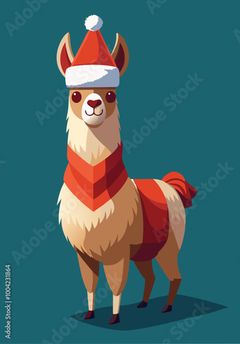 Christmas alpaca with red Santa hat, Winter holiday greetings from lama