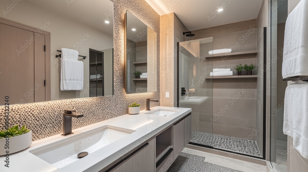 Modern Bathroom with Double Sink Vanity and Walk-in Shower. Modern Bathroom with Double Sink Vanity and Walk-in Shower.