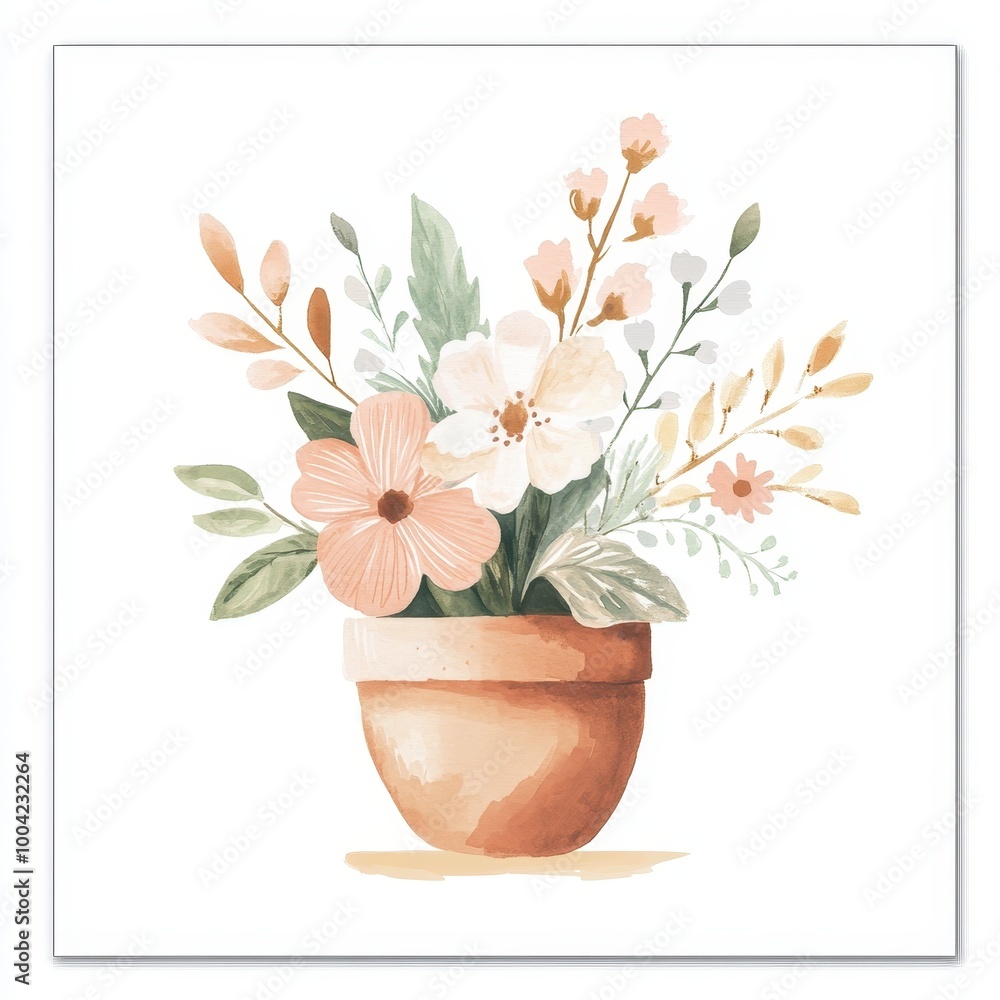 A watercolor illustration of a potted flower arrangement with soft pastel colors. A watercolor illustration of a potted flower arrangement with soft pastel colors.