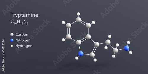 tryptamine molecule 3d rendering, flat molecular structure with chemical formula and atoms color coding photo