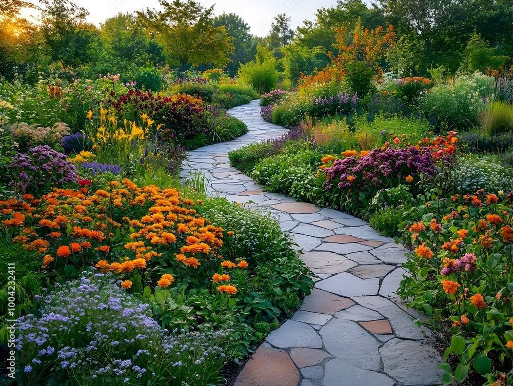 Fototapeta premium Enchanting secret garden oasis filled with vibrant fragrant blooms in warm hues and a meandering stone walkway winding through the lush verdant landscape
