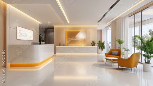 Minimalist, high-end cosmetic surgery reception area, warm lighting and luxury details