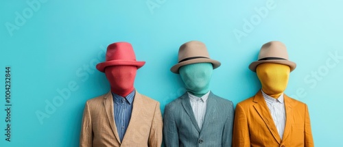 Three faceless figures in colorful outfits and hats stand against a bright blue backdrop, creating a surreal and artistic visual impact. photo