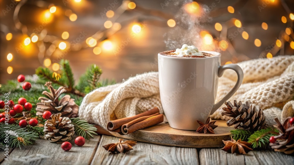 Cozy Christmas composition with festive decorations and hot chocolate cup Cozy Christmas composition with festive decorations and hot chocolate cup