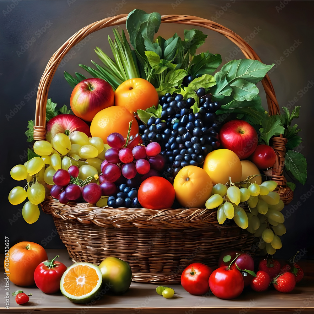 A basket with autumn fruits and vegetables on a table, aestheticism, vivid and saturated colors. A basket with autumn fruits and vegetables on a table, aestheticism, vivid and saturated colors.