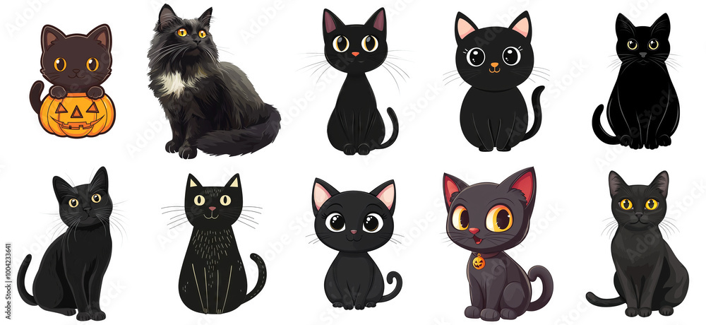 Cute Black Cats Transparent Background Illustration Set for Halloween, Design Elements, and Overlays Cute Black Cats Transparent Background Illustration Set for Halloween, Design Elements, and Overlays