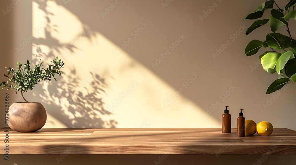 Wooden countertop in the kitchen. Empty product table against a beige wall background. Brown podium for presentation. Interior with a platform for advertising eco-cosmetics. Wooden countertop in the kitchen. Empty product table against a beige wall background. Brown podium for presentation. Interior with a platform for advertising eco-cosmetics.