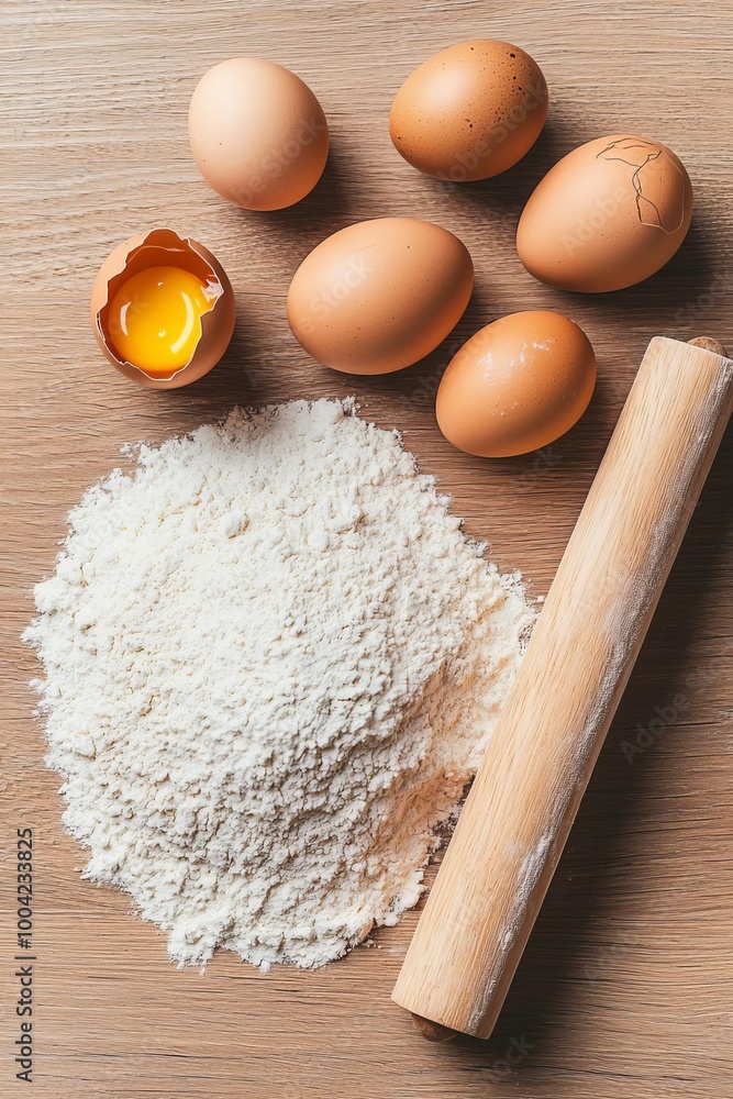 Rustic Flat Lay of Baking Ingredients Flour Eggs Rolling Pins on Wooden Surface Rustic Flat Lay of Baking Ingredients Flour Eggs Rolling Pins on Wooden Surface