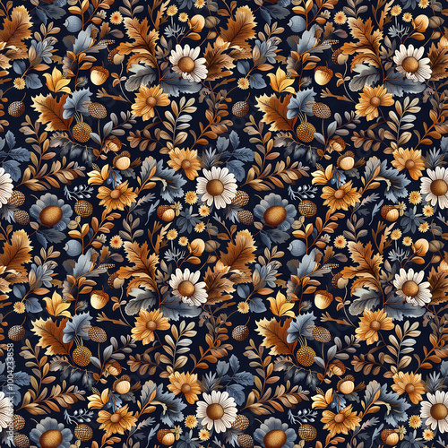 A Seamless Pattern of Autumn Flowers, Leaves, and Berries on Dark Blue Backgr...