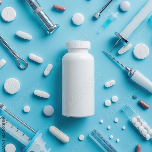 Pill bottle surrounded by medical research tools, capsules and tablets scattered, futuristic pharmaceutical concept