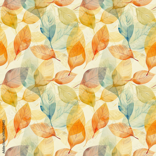 Watercolor Pattern of Colorful Autumn Leaves on a Beige Background