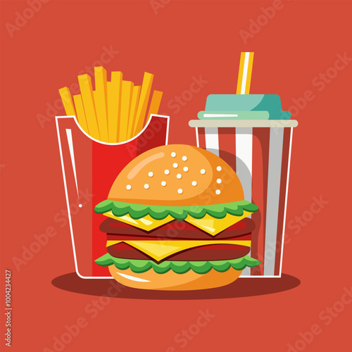 Vector illustration of fast food meal with burger, fries, and drink on red background. Perfect for food-related themes, restaurant menus, and fast food promotions.