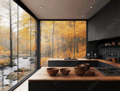 A kitchen with a view of a river and trees photo