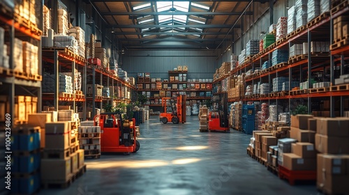 Spacious warehouse with organized shelves and equipment.