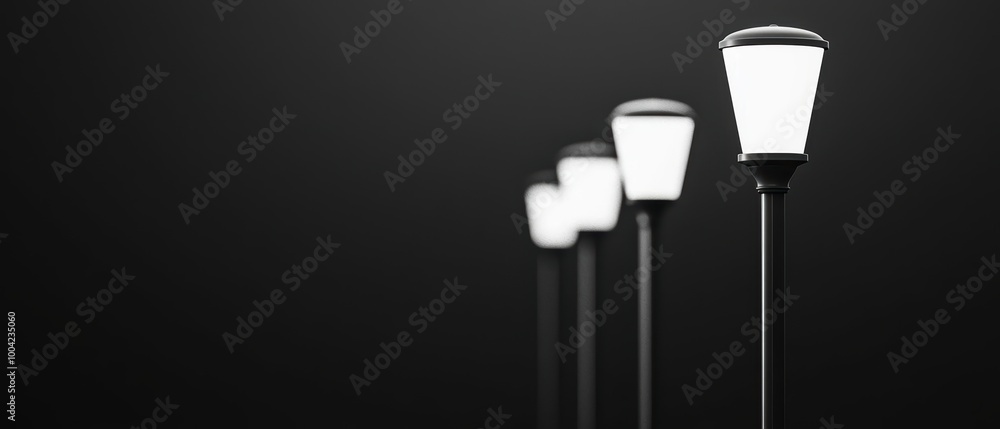 A row of elegant street lamps illuminates a dark background, creating a serene and atmospheric nighttime scene. A row of elegant street lamps illuminates a dark background, creating a serene and atmospheric nighttime scene.