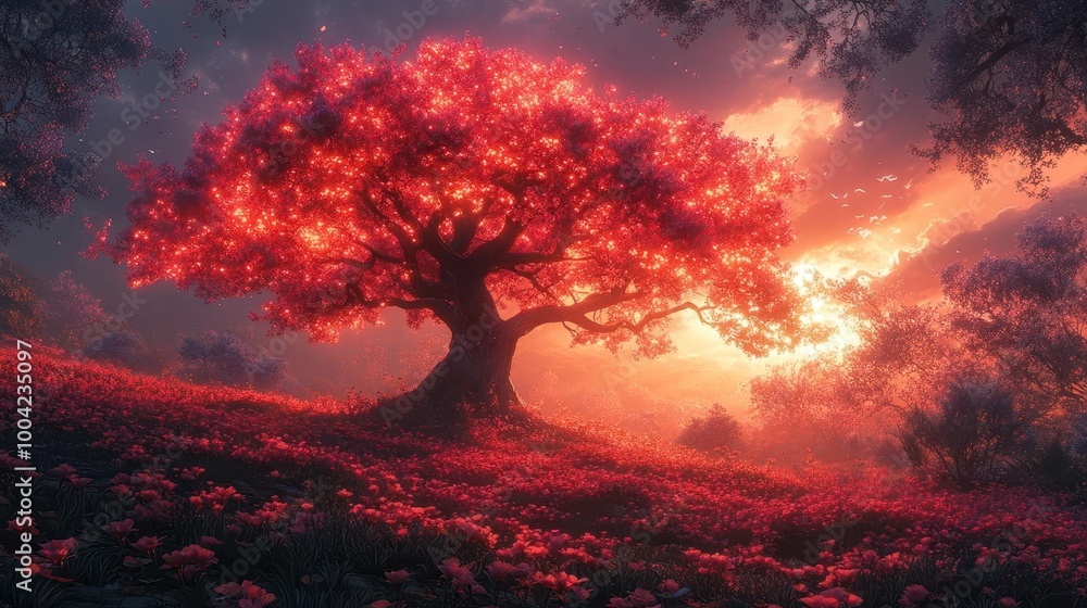 luminous trees adorned with radiant flowers casting an ethereal glow throughout a mystical forest under a twilight sky with gentle mists swirling around luminous trees adorned with radiant flowers casting an ethereal glow throughout a mystical forest under a twilight sky with gentle mists swirling around