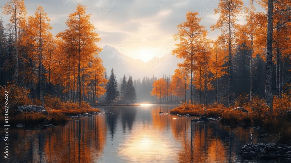 Fototapeta premium Autumn's Reflection: Golden Tranquility in the Wilderness