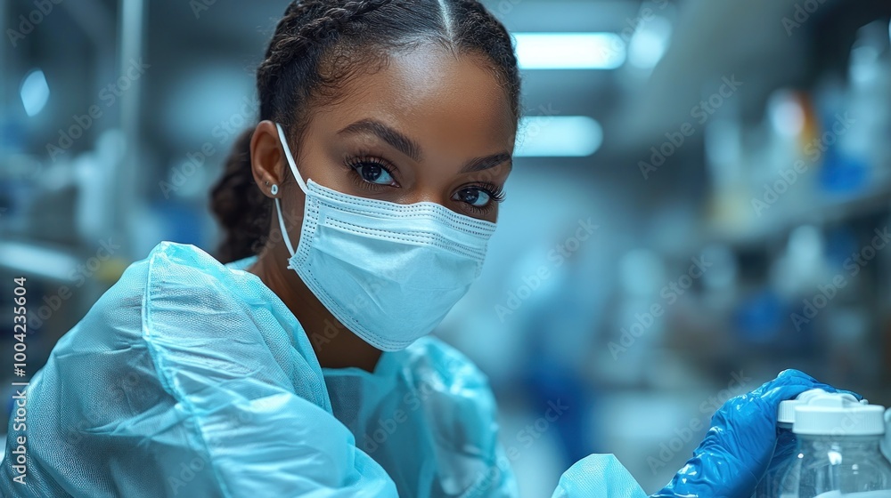 A healthcare professional in protective gear working in a lab. A healthcare professional in protective gear working in a lab.