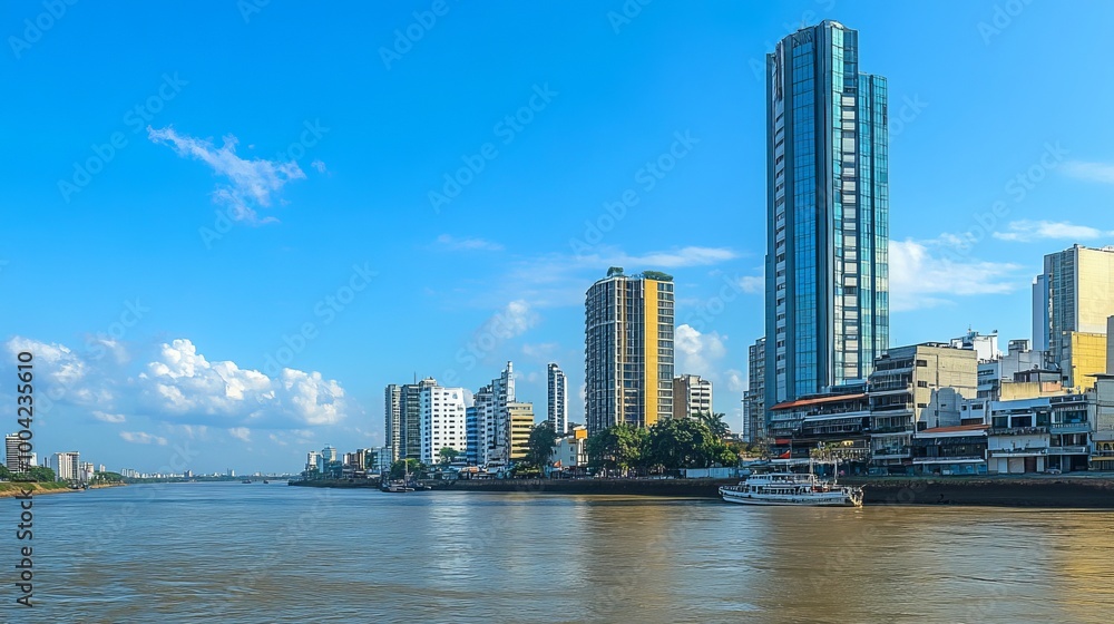 Fototapeta premium Modern buildings and the Point Tower skyscraper and Guayas river in Guayaquil, Ecuador