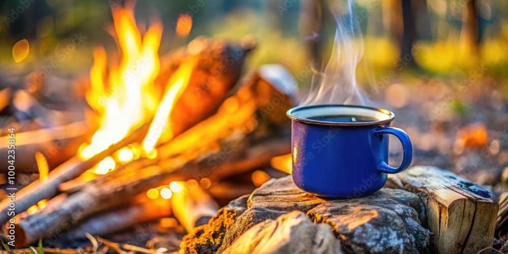 Cozy campfire scene with blue enamel cup of coffee on log in shallow depth of field