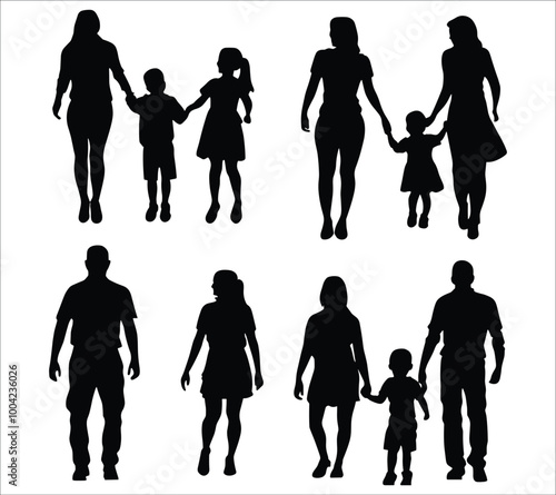 Happy family walking silhouettes, Family silhouette set, Happy family silhouette icon, Cute family silhouettes, Family vector silhouette icon