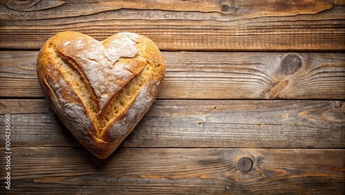 Heart shaped loaf of bread on rustic wooden table, long shot photo