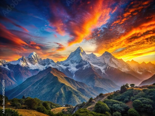 Breathtaking Sunrise Over Majestic Himalaya Mountains with Colorful Sky and Serene Landscape Views