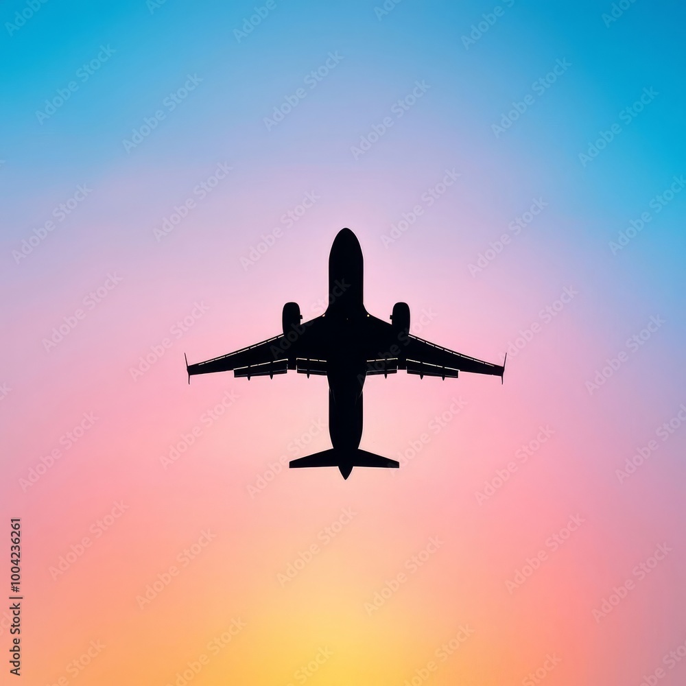 Silhouette of Airplane Flying into a Vibrant Gradient Sunset Sky for Travel and Adventure Silhouette of Airplane Flying into a Vibrant Gradient Sunset Sky for Travel and Adventure