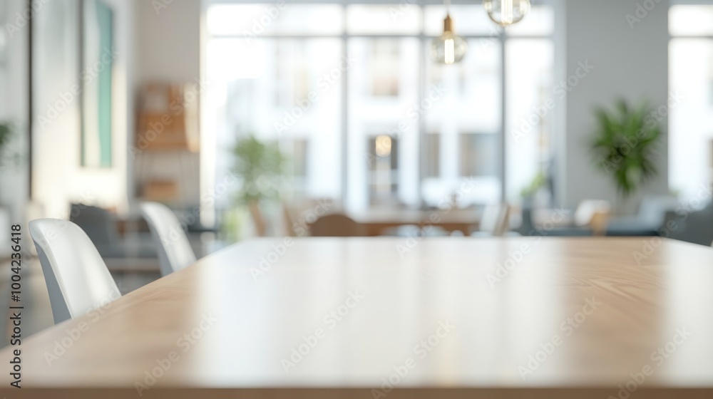 Fototapeta premium A modern workspace with a wooden table and bright, airy atmosphere.