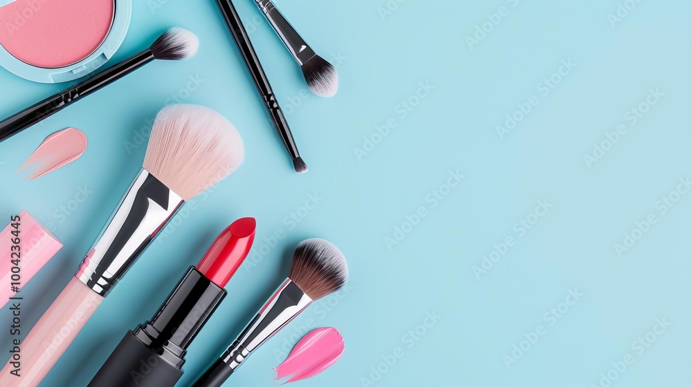 A flat lay composition featuring an assortment of beauty accessories like lipsticks A flat lay composition featuring an assortment of beauty accessories like lipsticks