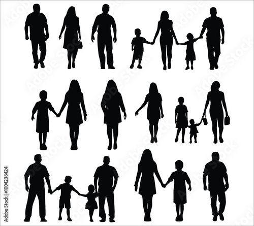 Happy family walking silhouettes, Family silhouette set, Happy family silhouette icon, Cute family silhouettes, Family vector silhouette icon