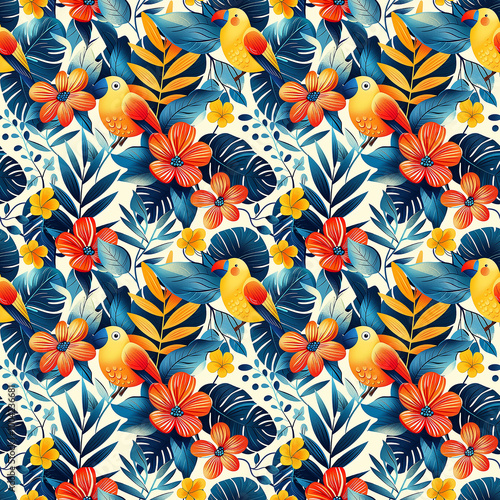 Tropical Leaves and Birds Pattern