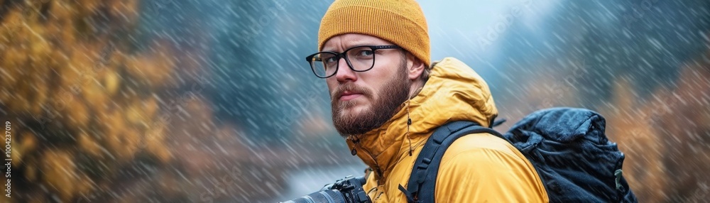 Obraz premium A Photographer Captures the Majestic Beauty of a Mountain Landscape with a Deep Connection to Their Camera, Embracing the Moment and Immersing Themselves in the Enchanting Nature