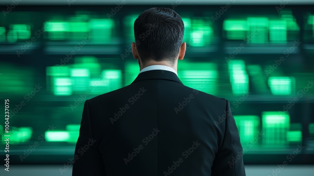 Businessman observing data on green digital screen in office setting. Businessman observing data on green digital screen in office setting.