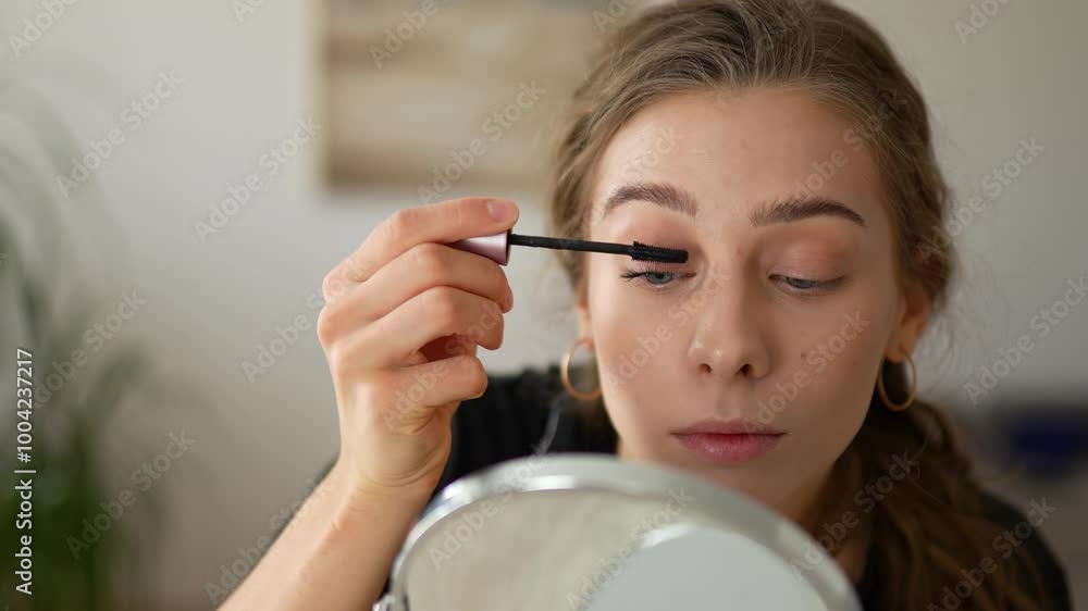 Beautiful woman applying mascara to her eyes looking in small mirror. Cute woman applying makeup sitting in bright room. Makeup, beauty, naturalness concept. Beautiful woman applying mascara to her eyes looking in small mirror. Cute woman applying makeup sitting in bright room. Makeup, beauty, naturalness concept.