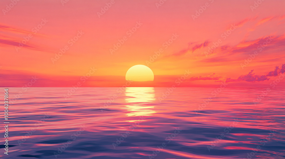 A sunset over a calm ocean with vibrant orange and pink hues. A sunset over a calm ocean with vibrant orange and pink hues.