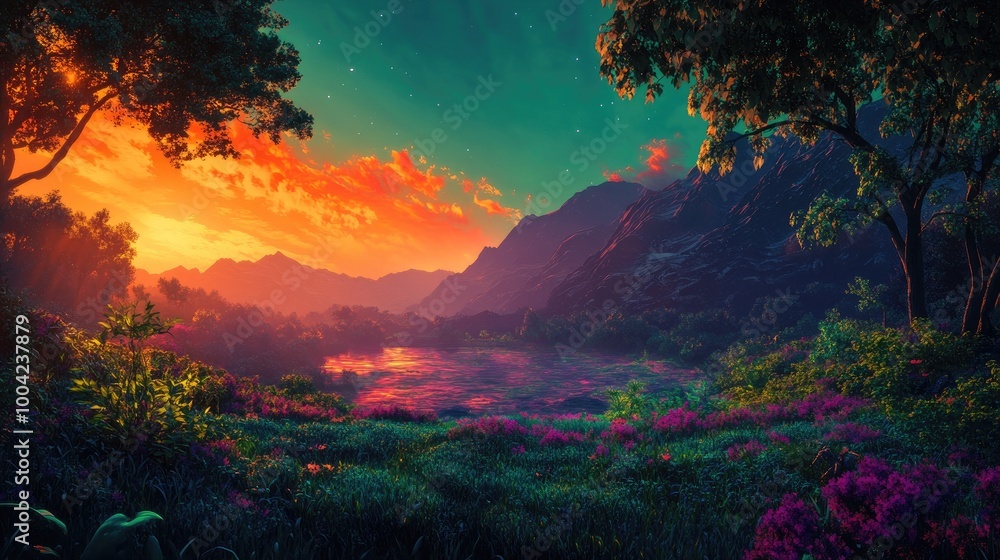 A lush landscape at sunset where the sky transitions from deep green to bright orange and hints of purple, creating a serene and colorful atmosphere. A lush landscape at sunset where the sky transitions from deep green to bright orange and hints of purple, creating a serene and colorful atmosphere.