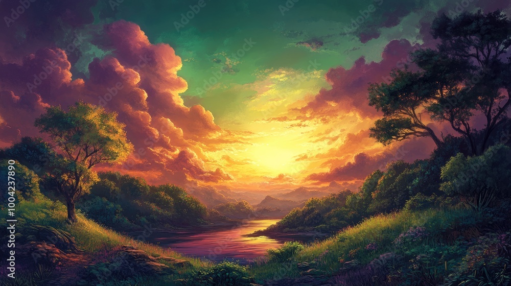 A lush landscape at sunset where the sky transitions from deep green to bright orange and hints of purple, creating a serene and colorful atmosphere. A lush landscape at sunset where the sky transitions from deep green to bright orange and hints of purple, creating a serene and colorful atmosphere.
