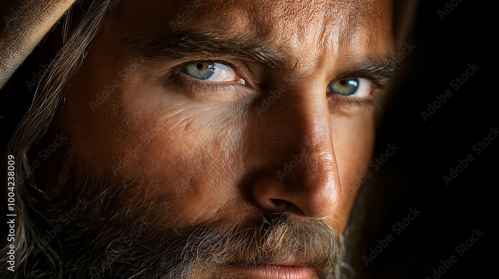 Fototapeta premium A detailed close-up of the face of Bartholomew, the disciple of Jesus, his eyes filled with honesty and devotion. His expression is calm and reflective, embodying his deep faith an