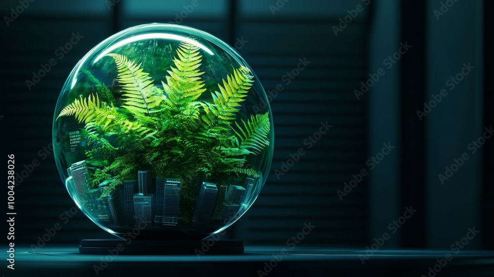 Fototapeta premium Lush fern inside a glass terrarium with soft lighting and dark background.