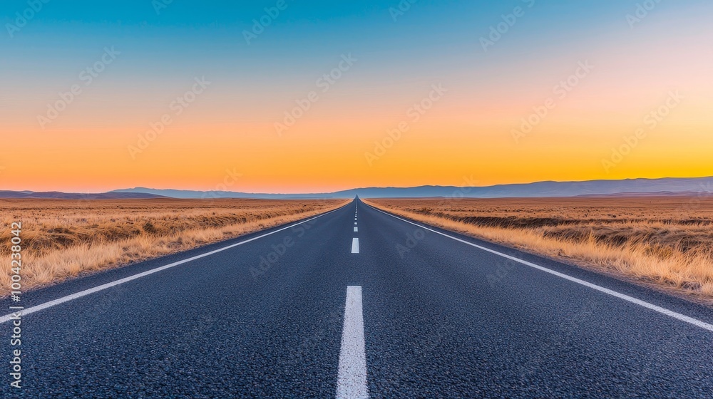 Long empty road stretching into the sunset across a serene landscape. Long empty road stretching into the sunset across a serene landscape.