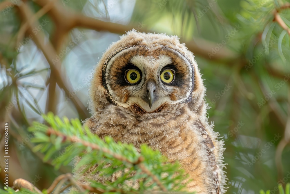 Northern saw whet owl owlet is perched on a branch, looking around its boreal forest home Northern saw whet owl owlet is perched on a branch, looking around its boreal forest home