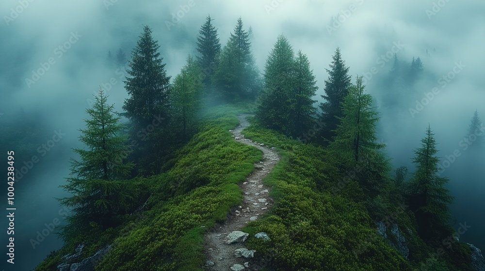 Misty forest path winding through lush greenery and towering trees. Misty forest path winding through lush greenery and towering trees.