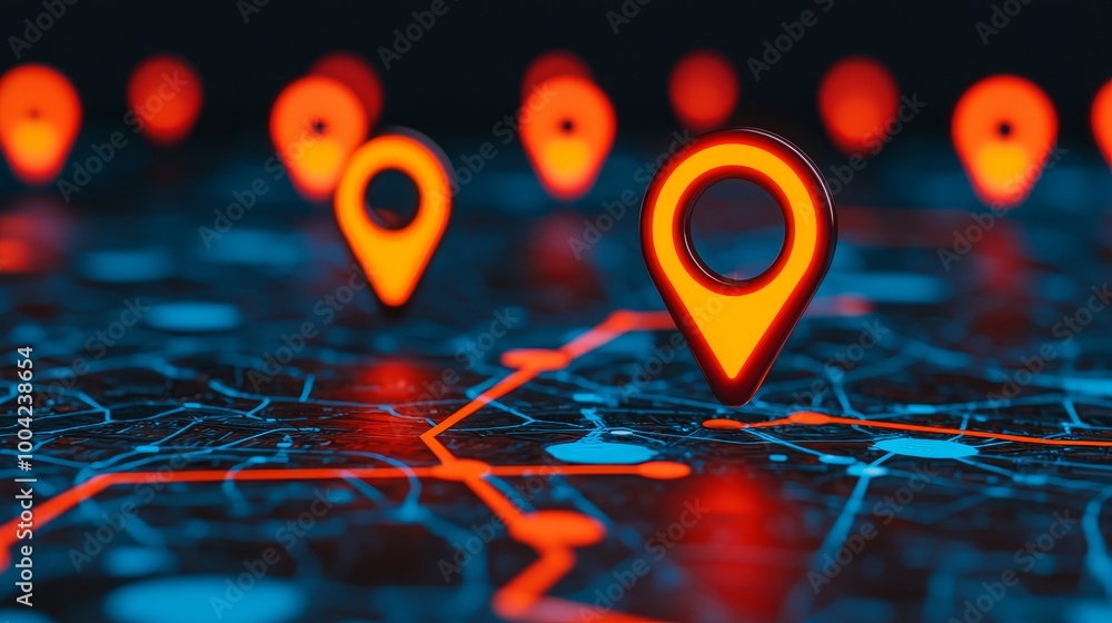 Red location pins on a digital map with glowing blue connections. Stock ...