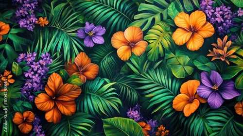 A vibrant tropical foliage scene with green leaves, orange flowers, and purple accents, forming a lively and colorful natural backdrop.
