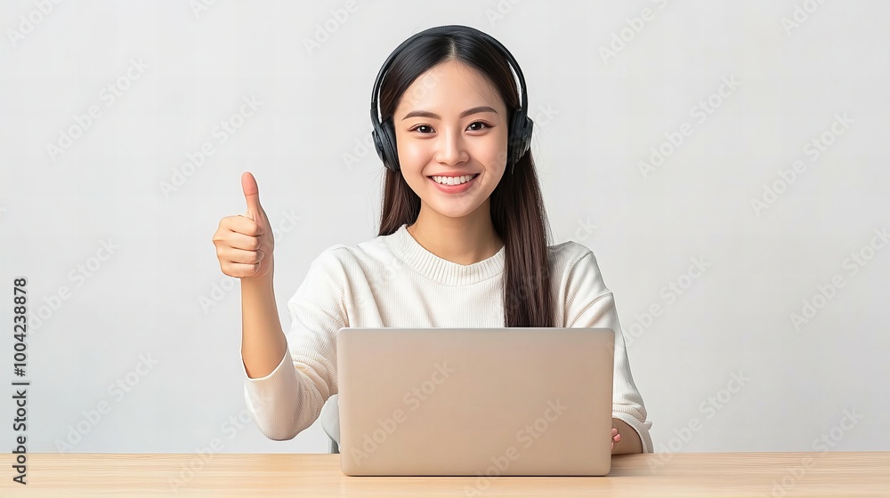 A woman wearing headphones is giving a thumbs up while sitting at a desk with a laptop. Concept of positivity and productivity, as the woman is enjoying her work or task A woman wearing headphones is giving a thumbs up while sitting at a desk with a laptop. Concept of positivity and productivity, as the woman is enjoying her work or task