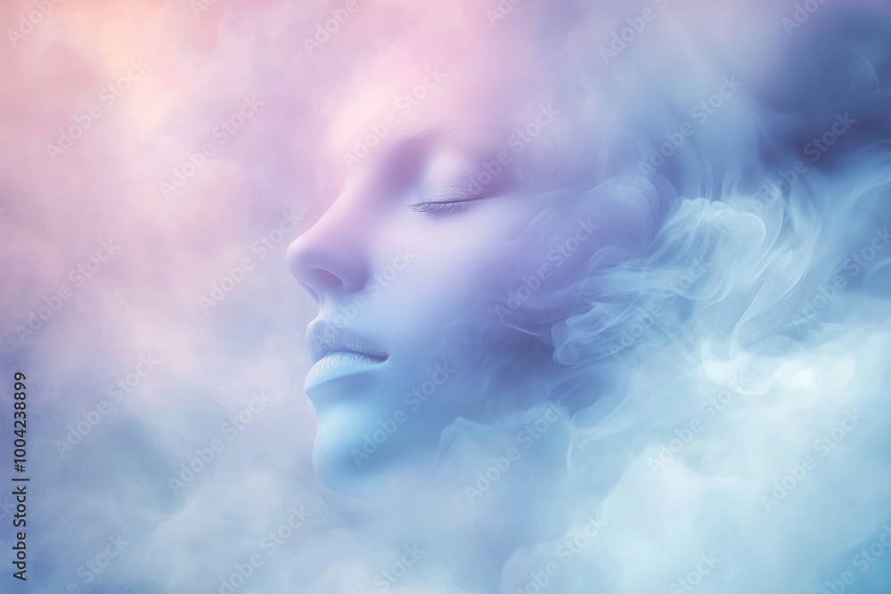 Fototapeta premium A glamorous woman with blonde hair and stylish makeup, surrounded by smoke on her face, capturing a fantasy winter vibe with a touch of Christmas magic