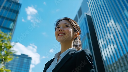 Wallpaper Mural A woman in a business suit is smiling and looking up at the sky. Concept of positivity and confidence, as the woman is enjoying her day and feeling good about herself. The bright blue sky Torontodigital.ca