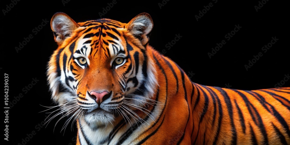 Obraz premium Vibrant orange tiger stripes on black background with bright studio lighting